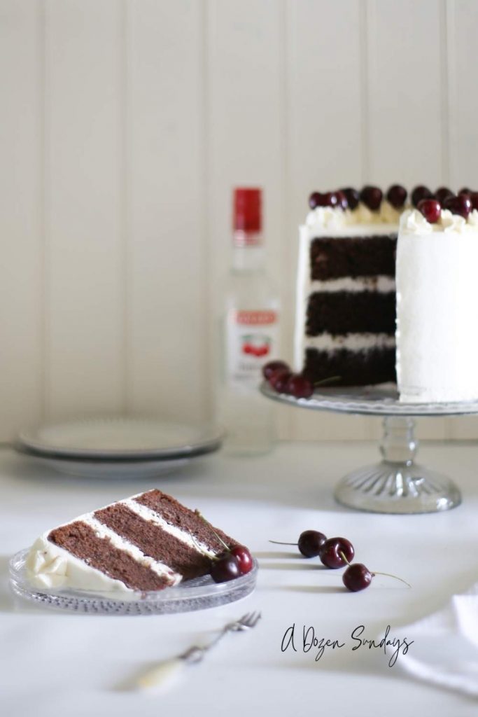 Black Forest Cake - Chocolate Cake with Kirsch Syrup, Cherry Jam and Vanilla Buttercream - A Dozen Sundays