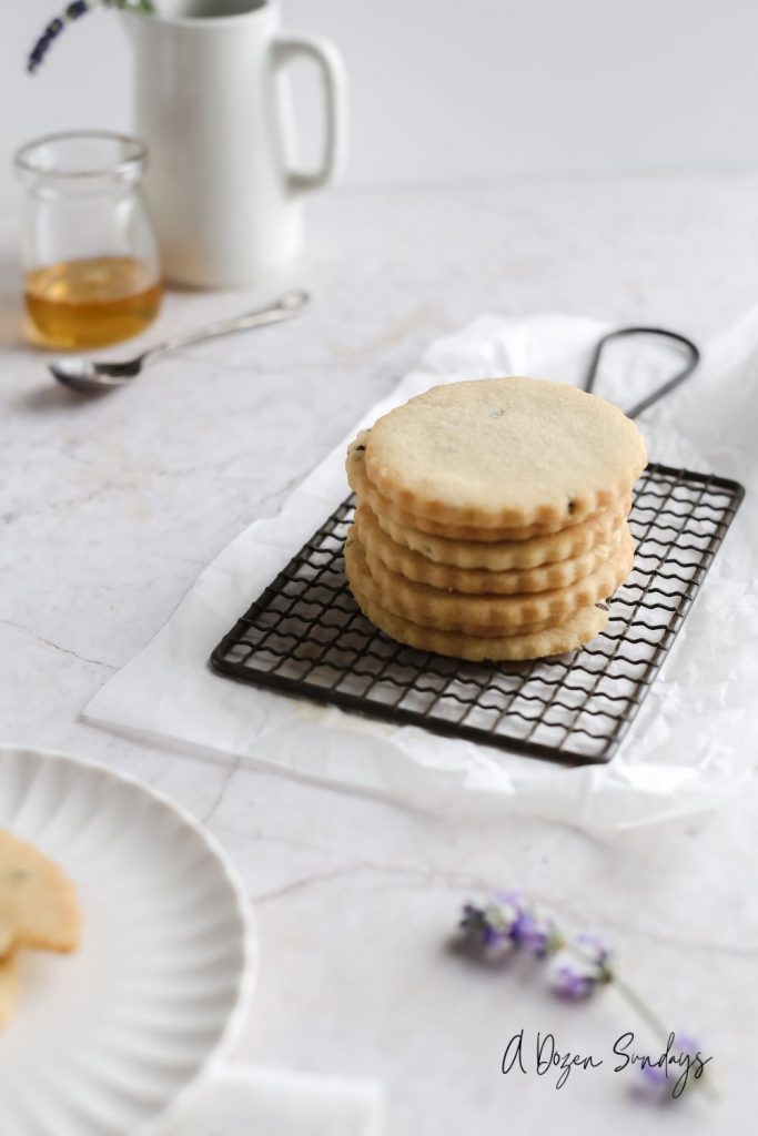 Stack of lavender honey shortbread cookies - A Dozen Sundays
