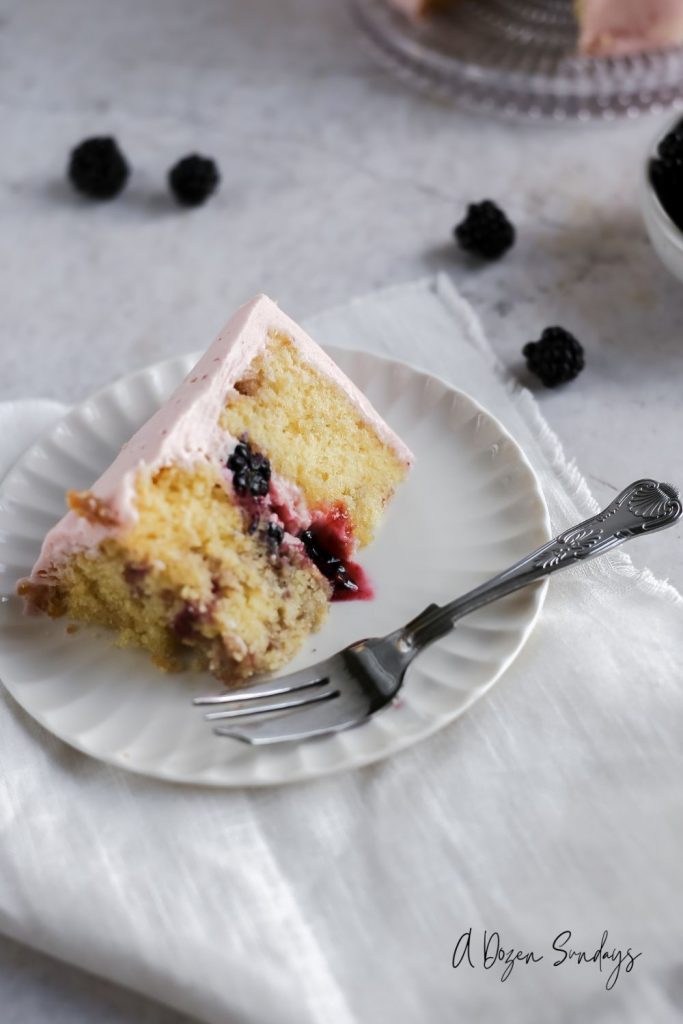 A slice of blackberry cake from an easy Blackberry Cake Recipe from A Dozen Sundays