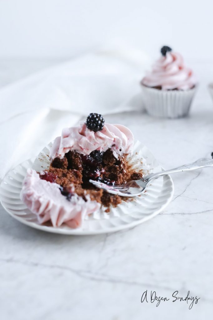 Chocolate cupcake with blackberry buttercream - easy blackberry cupcakes recipe from A Dozen Sundays