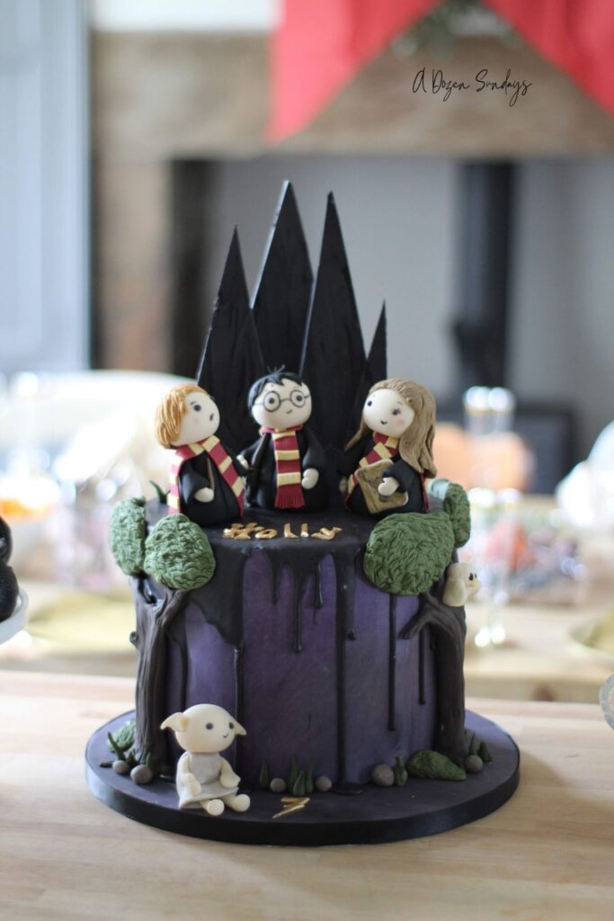 A small Harry Potter themed chocolate drip birthday cake