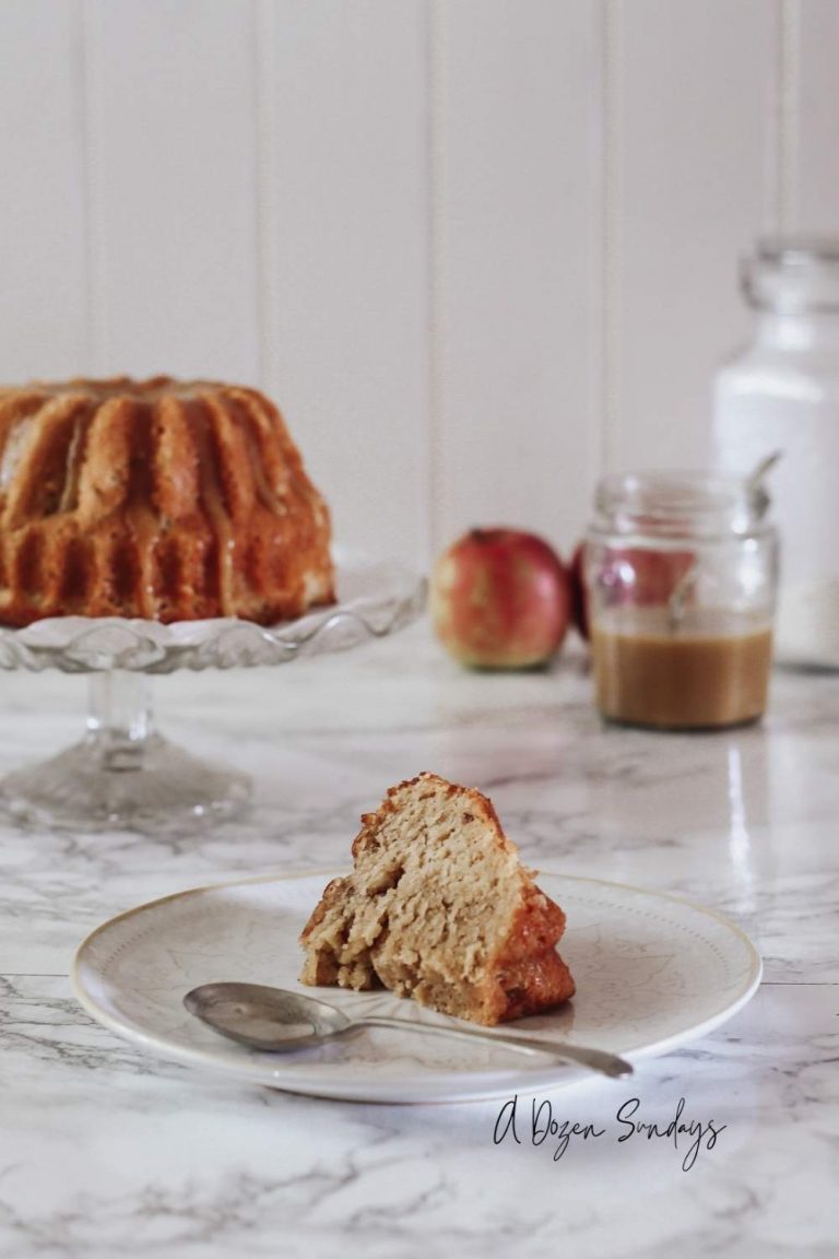 A Slice of Easy Apple and Cinnamon Cake with Toffee Glaze Recipe from A Dozen Sundays