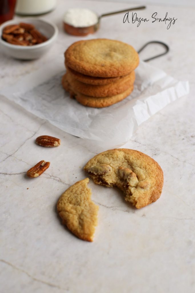 A stack of maple pecan cookies from a scratch recipe by A Dozen Sundays