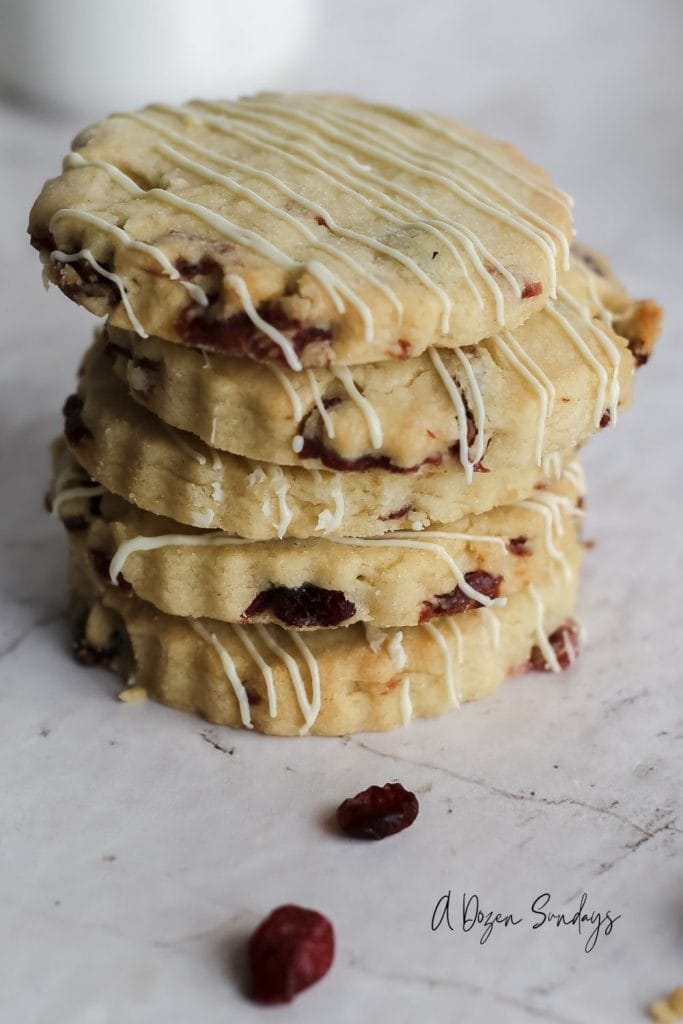White chocolate and cranberry shortbread biscuits by A Dozen Sundays