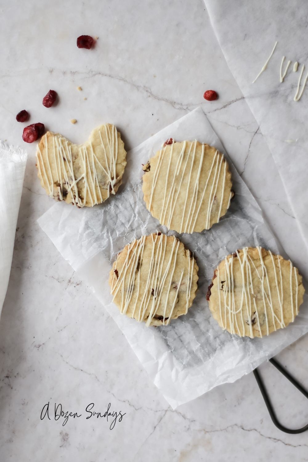 White chocolate and cranberry shortbread biscuits by A Dozen Sundays