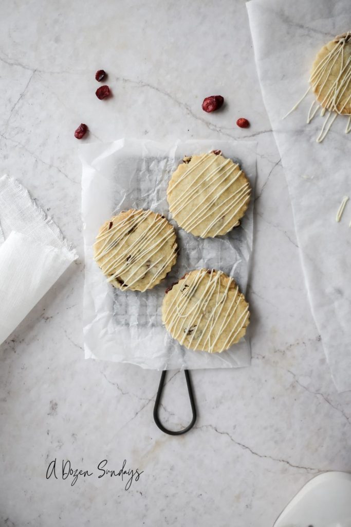 White chocolate and cranberry shortbread biscuits by A Dozen Sundays