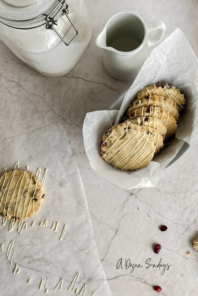 White chocolate and cranberry shortbread biscuits by A Dozen Sundays