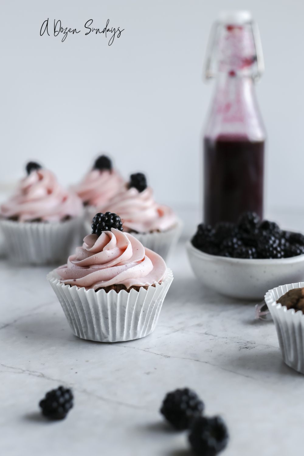 Chocolate cupcake with blackberry buttercream - easy blackberry cupcakes recipe from A Dozen Sundays