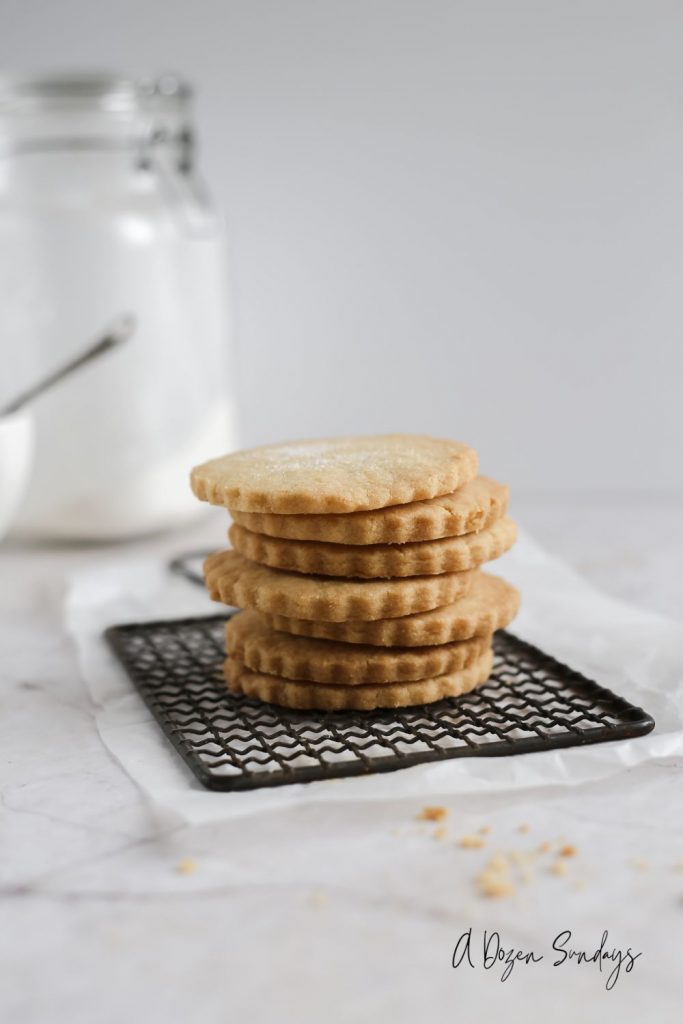 Stack of shortbread cookies made with a basic shortbread cookie recipe by A Dozen Sundays