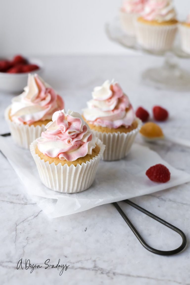 Easy Lemon and Raspberry Cupcakes Recipe - Lemon Sponge with Raspberry Buttercream - A Dozen Sundays