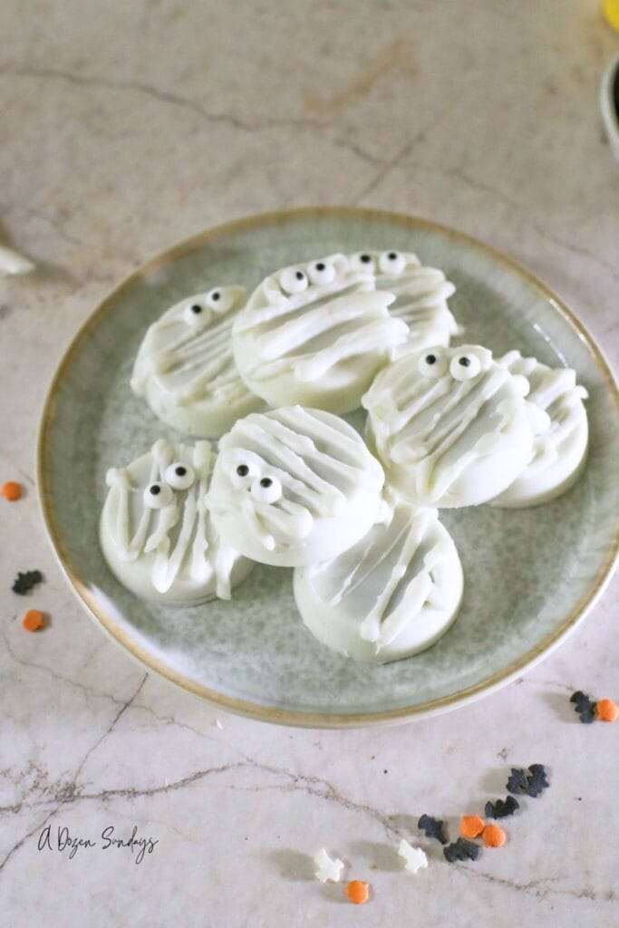 Chocolate covered Oreo Mummies from a recipe on A Dozen Sundays