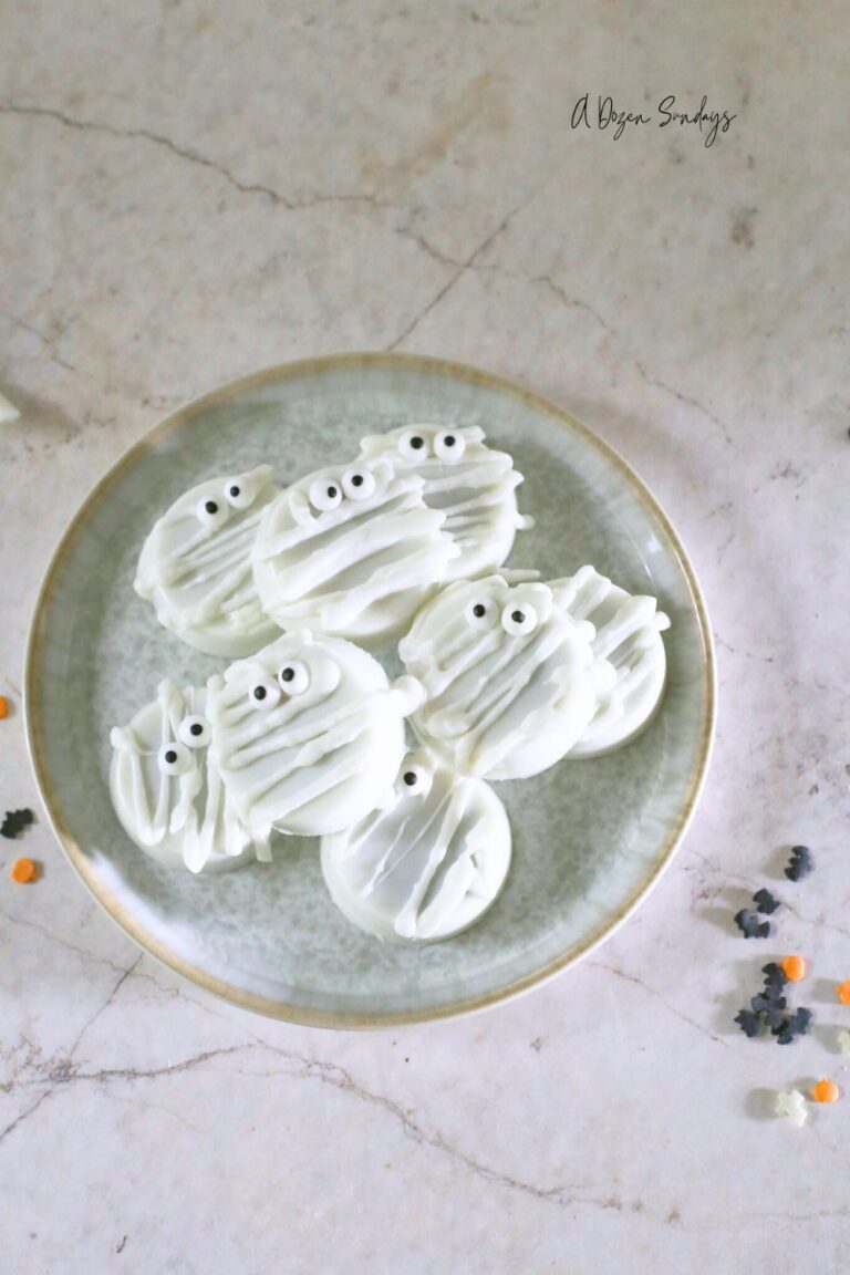 Chocolate covered Oreo Mummies from a recipe on A Dozen Sundays