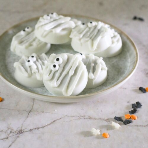 Chocolate covered Oreo Mummies from a recipe on A Dozen Sundays