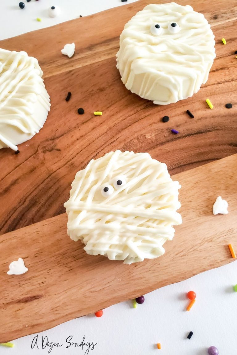 Chocolate covered Oreo Mummies from a recipe on A Dozen Sundays