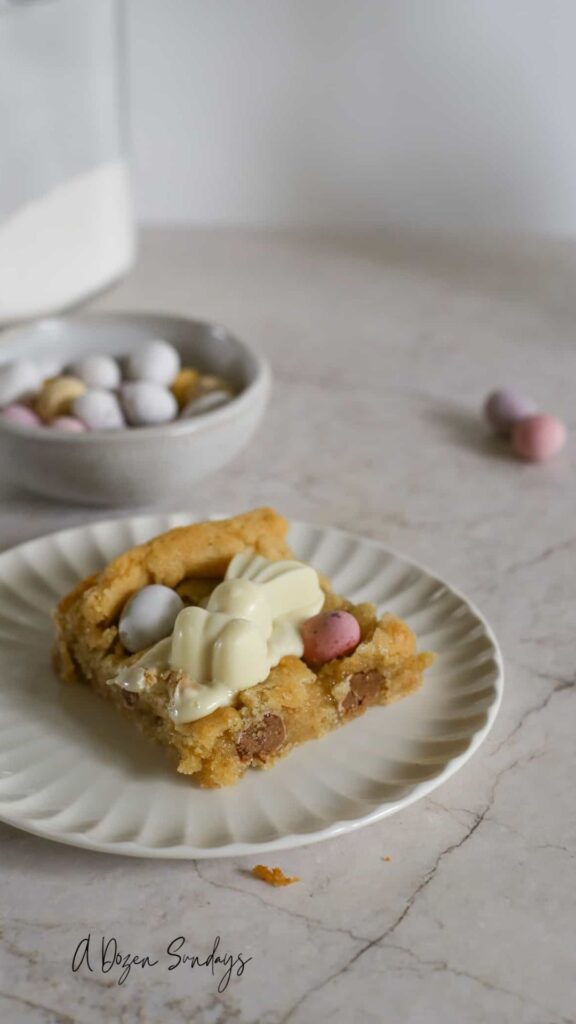 A portion of an Easter Mini Egg cookie bar